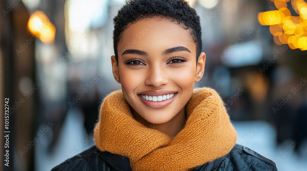 A woman with a smile on her face is wearing a scarf and a black jacket. She is standing on a street with other people around her A woman with a smile on her face is wearing a scarf and a black jacket. She is standing on a street with other people around her