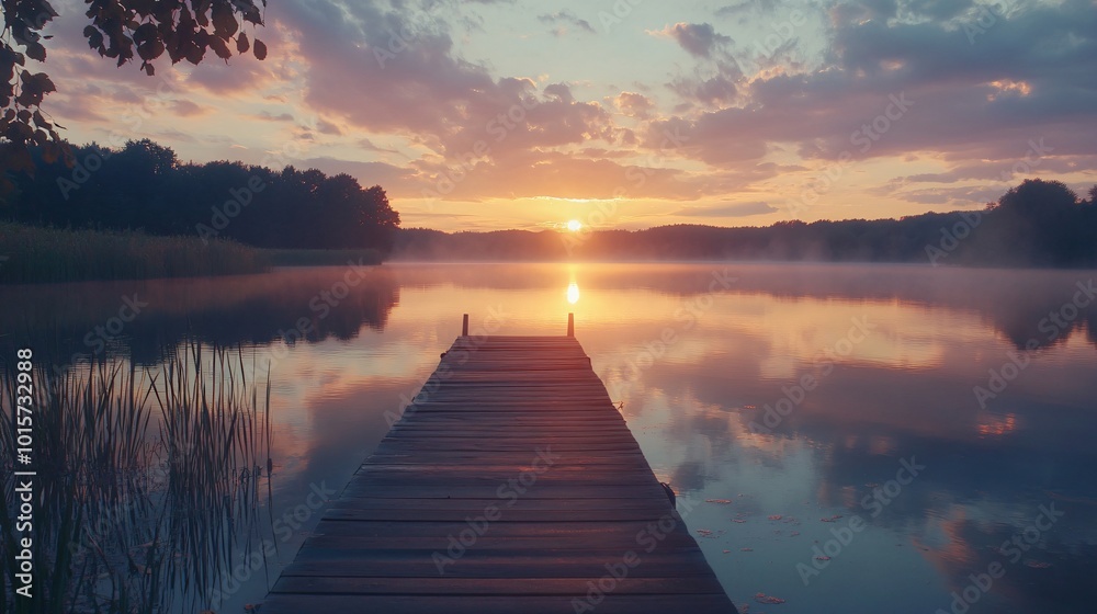 Fototapeta premium Wooden dock extending over a calm lake at sunset with a beautiful sky reflecting in the water.