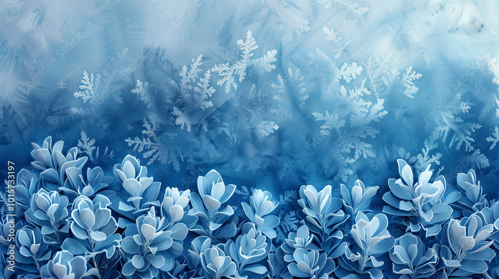 Beautiful icy background with frosty snowflakes and blue succulents creating a serene winter atmosphere with copy space