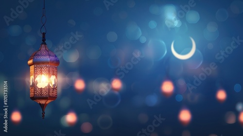 Ramadan Lantern with Crescent Moon and Bokeh