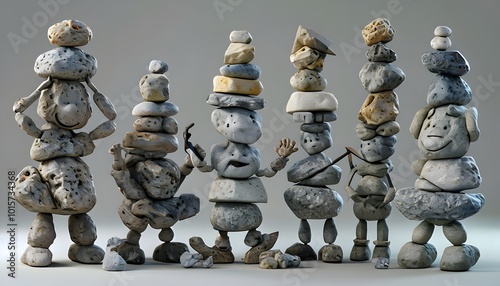 characters could be engaged in funny group activities, like balancing stones on their heads, playing with rock tools, or stacking themselves into wobbly towers.  photo