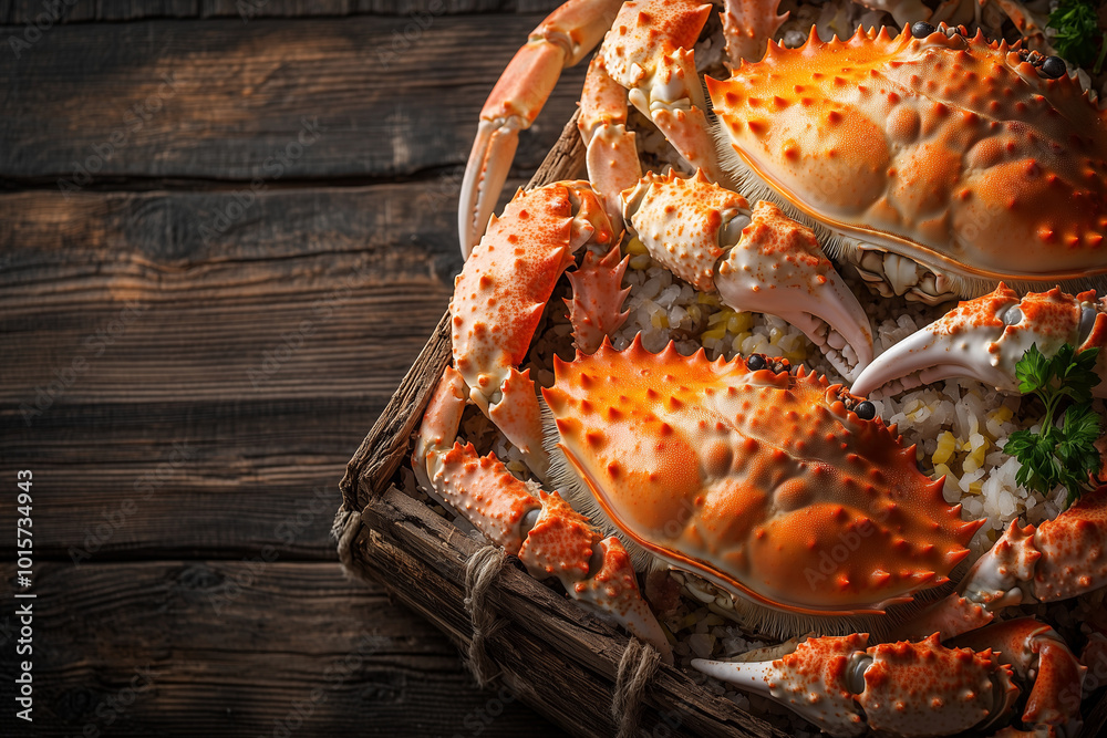 King crabs catch on a market counter background with copy space. Top view. Seafood. King crabs catch on a market counter background with copy space. Top view. Seafood.