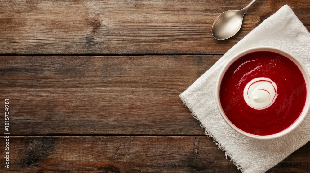 Deep red Ukrainian borscht is elegantly presented on a rustic wooden table, complemented by a swirl of sour cream and a spoon nearby, perfect for culinary inspiration Deep red Ukrainian borscht is elegantly presented on a rustic wooden table, complemented by a swirl of sour cream and a spoon nearby, perfect for culinary inspiration