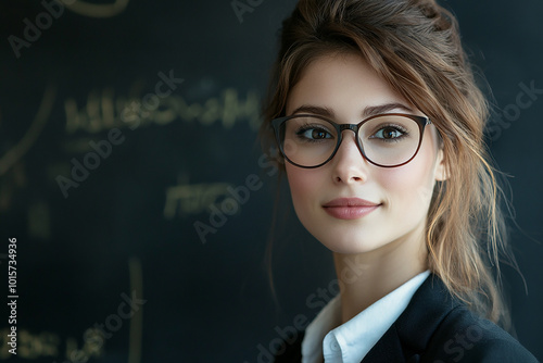 Female teacher wearing glasses, female face close-up