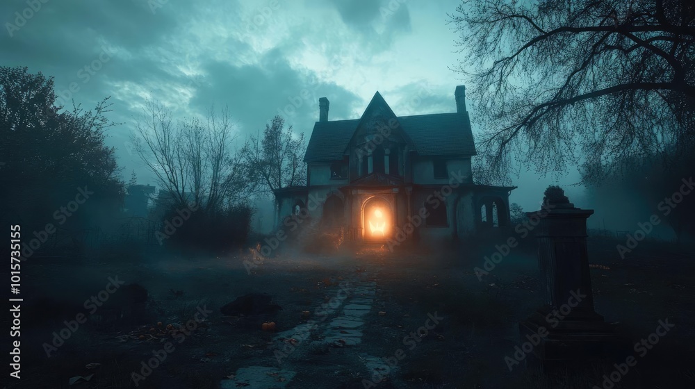 A hauntingly beautiful image of an eerie mansion illuminated by a glowing doorway in a foggy landscape. A hauntingly beautiful image of an eerie mansion illuminated by a glowing doorway in a foggy landscape.