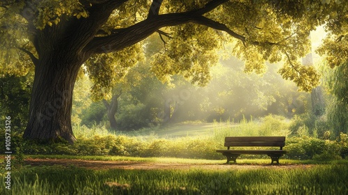 A peaceful nature scene featuring a quiet park bench under a large tree, surrounded by lush greenery and gentle sunlight. The scene should emphasize tranquility and stress relief, with a broad empty 