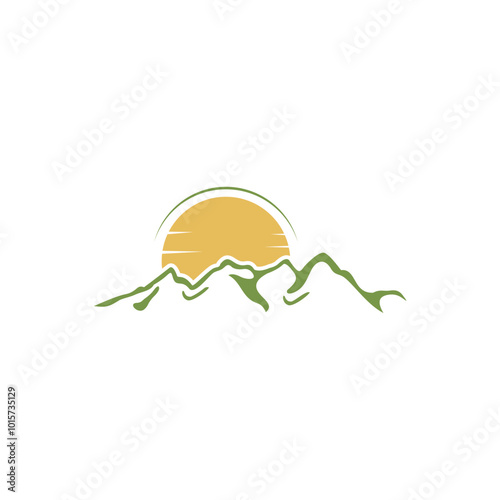 The logo features a stylized mountain range in green with a large, yellow sun rising behind it. The design conveys a sense of warmth, hope, and new beginnings