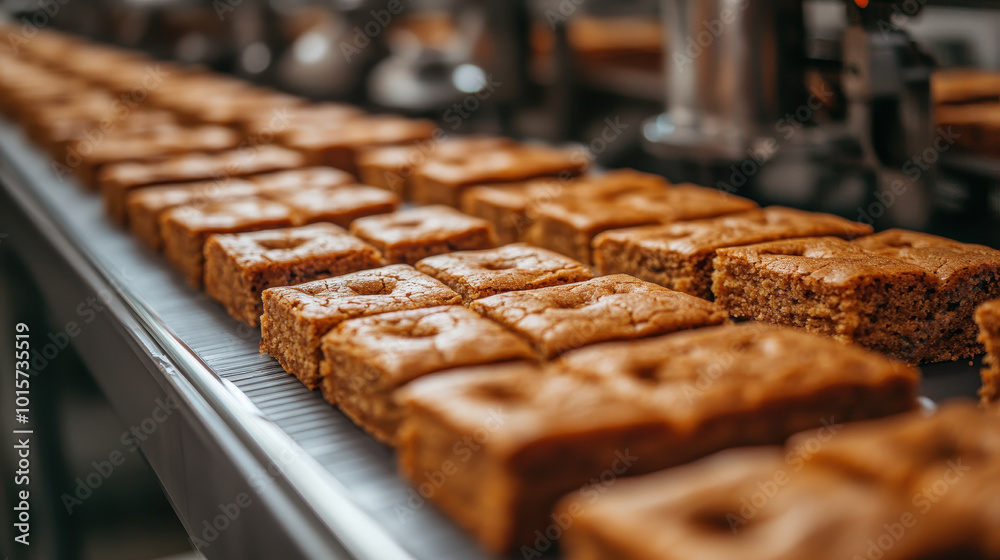 Rows of freshly baked square cakes on a conveyor belt in a bakery factory setting Rows of freshly baked square cakes on a conveyor belt in a bakery factory setting