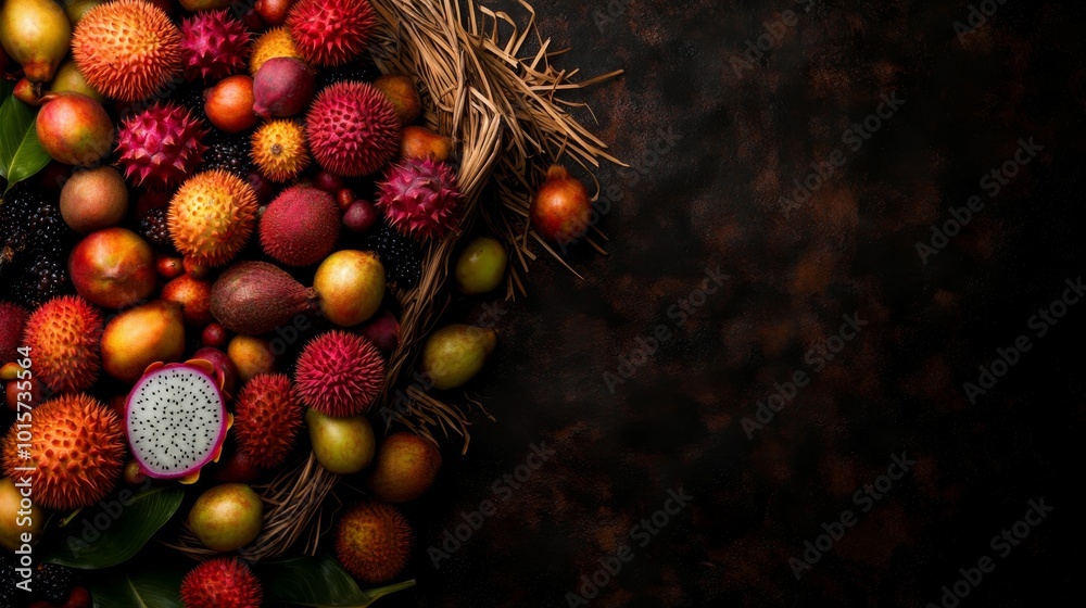 A woven bamboo basket overflows with a variety of exotic fruits, showcasing their vibrant colors and unique textures against a natural straw backdrop A woven bamboo basket overflows with a variety of exotic fruits, showcasing their vibrant colors and unique textures against a natural straw backdrop