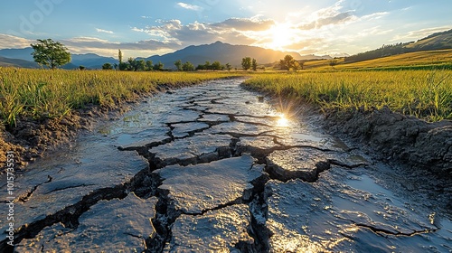 A cracked riverbed during a drought showcases the harsh realities of climate change, linking pollution to environmental degradation.