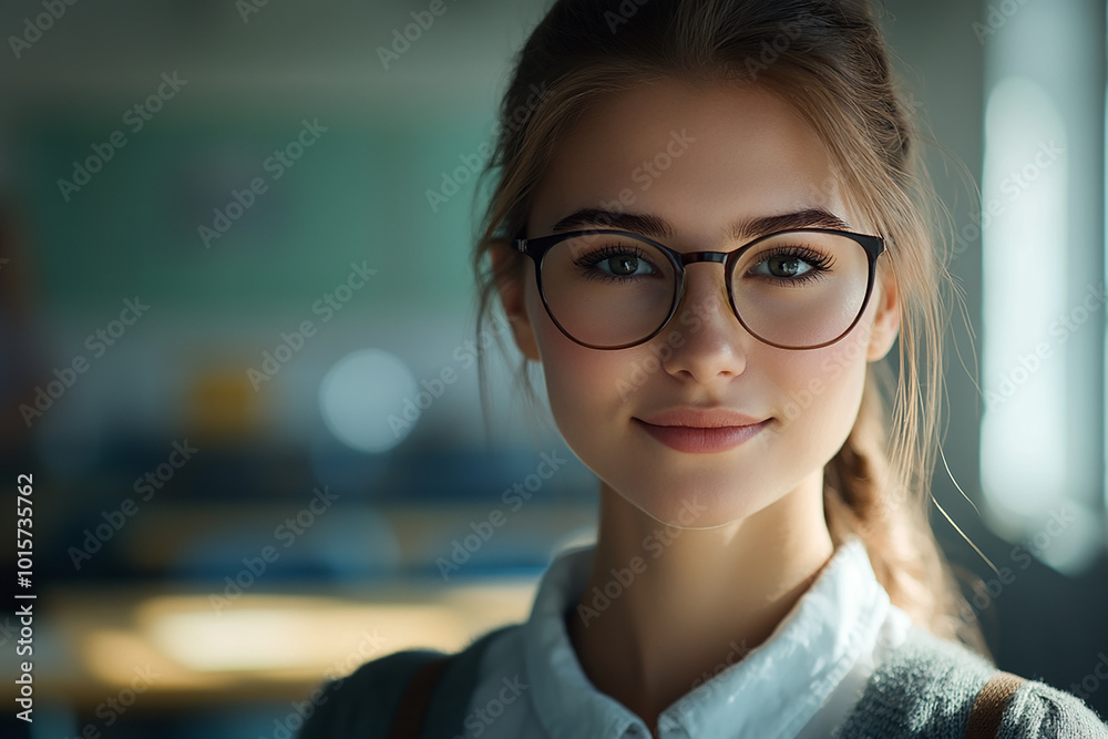 Female teacher wearing glasses, female face close-up Female teacher wearing glasses, female face close-up