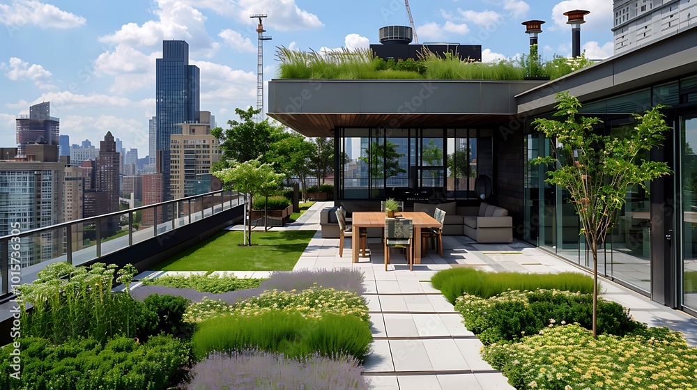 Beautiful rooftop garden in a modern city setting, featuring lush greenery, a patio with furniture, and stunning views of the cityscape.