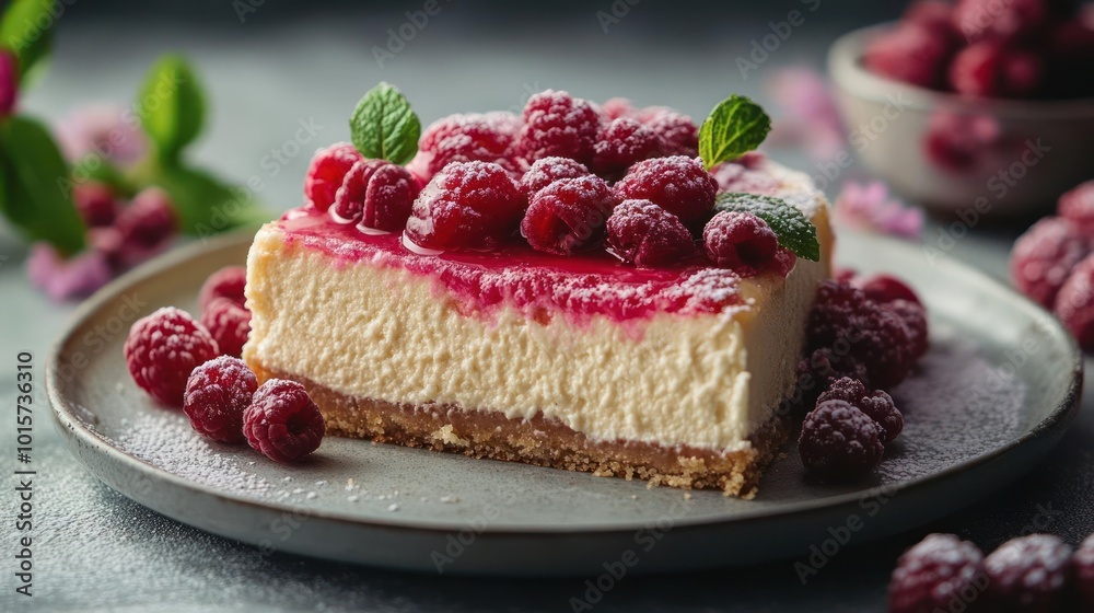 a piece of cheesecake with raspberries on a plate a piece of cheesecake with raspberries on a plate