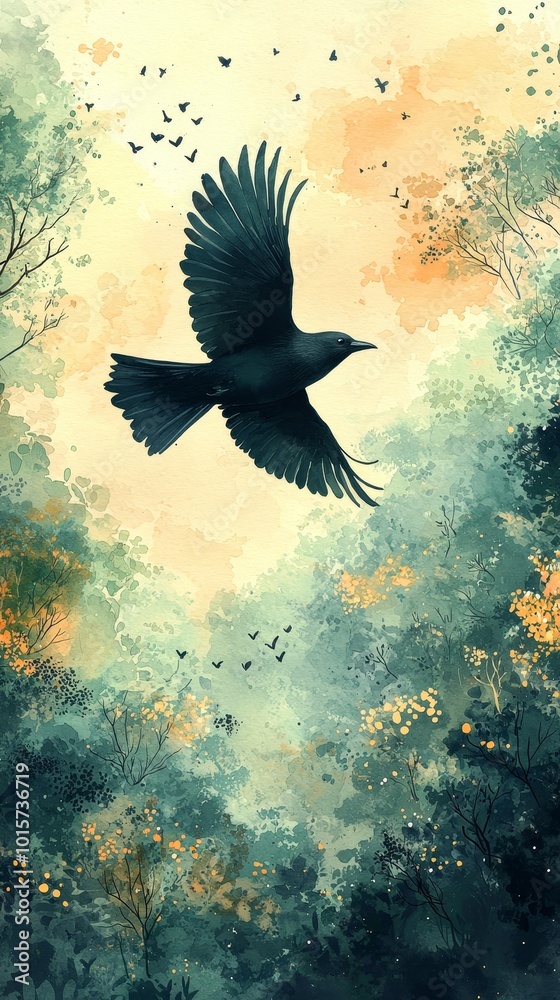 Fototapeta premium Bird Flying Over Lush Green Landscape in Watercolor Style