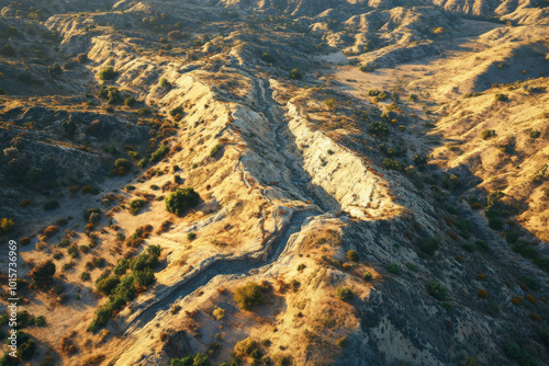Earthquake fault line. Earthquake. Broken landscape by an earthquake line. photo