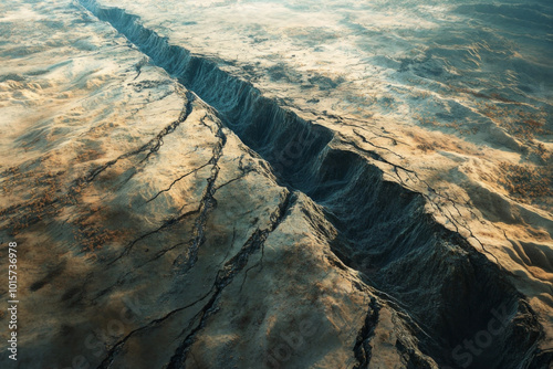 Earthquake fault line. Earthquake. Broken landscape by an earthquake line.