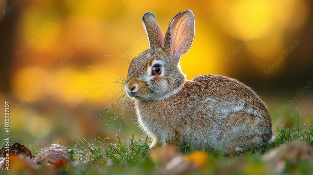 Fototapeta premium Calm Rabbit Resting on Grass in a Serene Scene