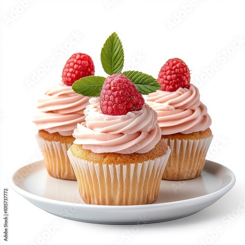 Raspberry cupcakes on a plate, isolated with a white background, elegant and appealing.