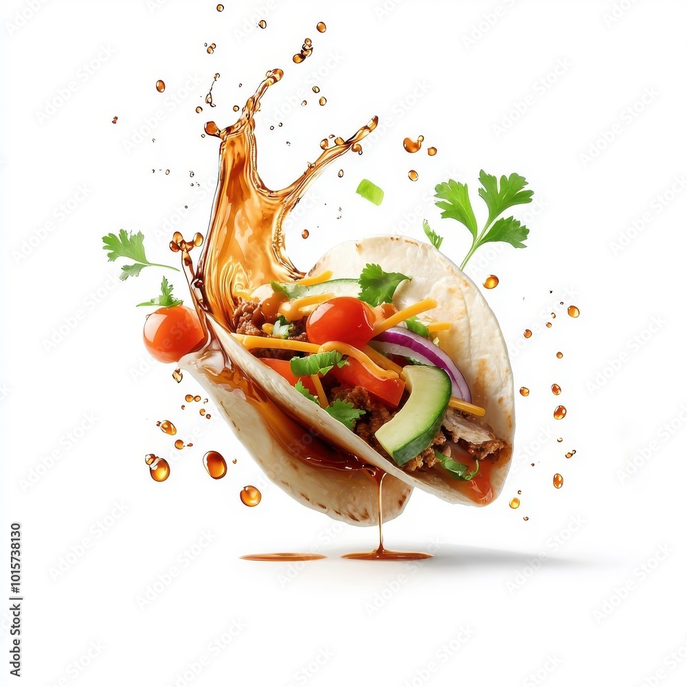 Sauce swirling in a circular splash around a taco, isolated on a white ...