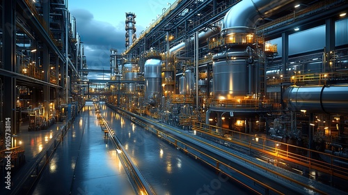 A digital depiction of a refining plant, focusing on industrial technology and processes in a high-tech environment.