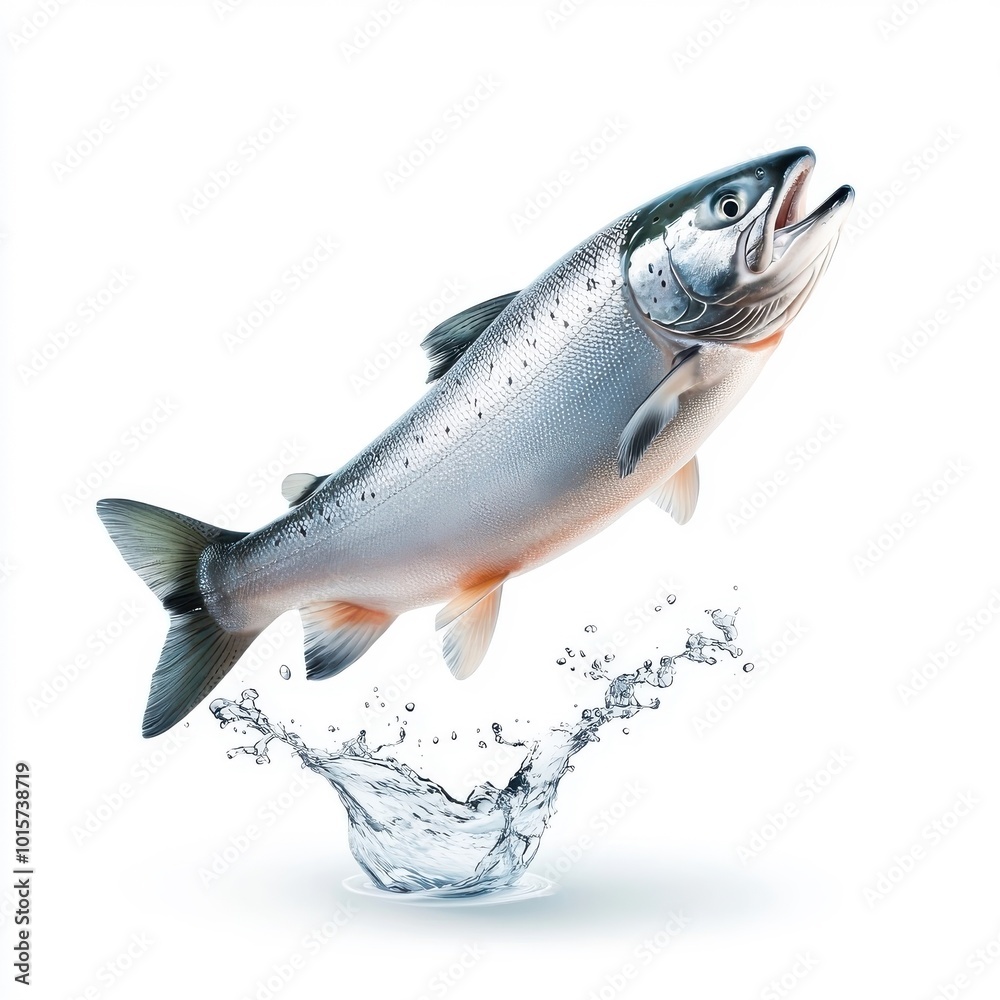 Obraz premium Flying salmon fillet, isolated on a white background, adding a playful and dynamic touch.