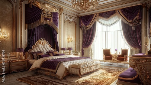 A luxurious bedroom interior is depicted, showcasing a grandiose design featuring opulent furnishings and rich colors. The room is adorned with elaborate wall moldings and ornate chandeliers, contribu photo