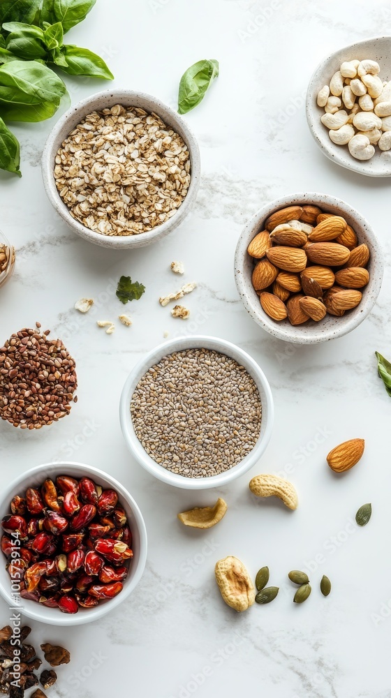 An array of vegan ingredients spread out on a clean kitchen counter, including nuts, seeds, and plant-based products. The image should feature a bright An array of vegan ingredients spread out on a clean kitchen counter, including nuts, seeds, and plant-based products. The image should feature a bright