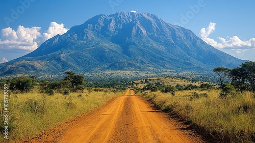 A dirt road leads to the imposing backdrop of Mount Longido, showcasing Tanzania's rugged beauty.