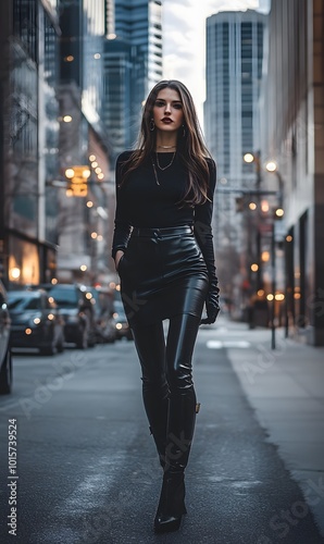 91. A chic and edgy ensemble with a leather skirt and a fitted top