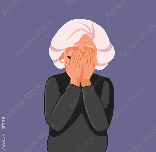 Unhappy Elderly Woman Crying Alone Vector Illustration. Upset sad granny mourning husband loss in grief moment 
