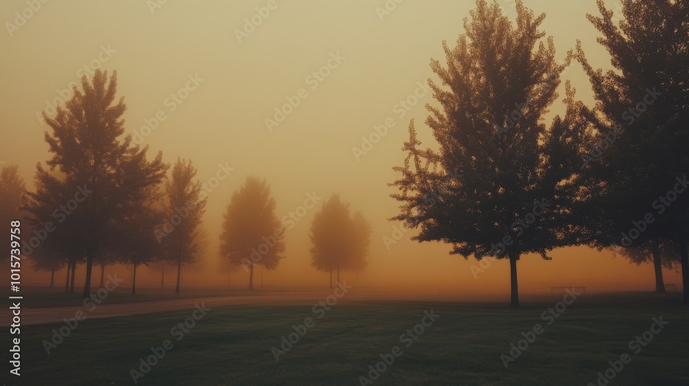 Silhouetted Trees in a Misty Dawn Landscape Silhouetted Trees in a Misty Dawn Landscape
