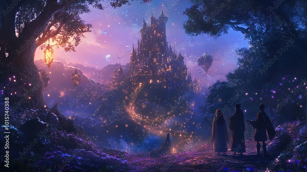 Fototapeta premium A fantastical landscape unfolds with a mystical city in the distance, illuminated by an array of glowing lights against a twilight sky. The scene is rich with vibrant colors, including purples, blues,