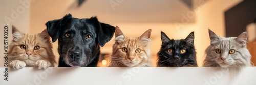 Group of pets looking over a surface, white isolate background