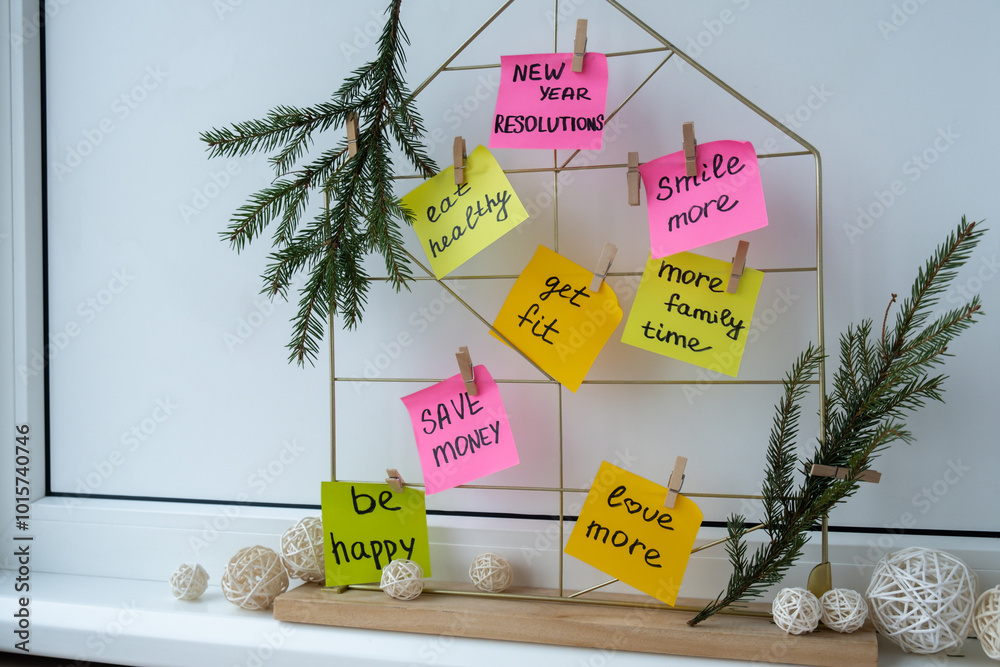 © anna.stasiia - Vision board with new year resolutions aims goals on sticky notes. Preparation for New Year. Concept of planning and setting goals for personal development