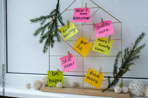 Vision board with new year resolutions aims goals on sticky notes. Preparation for New Year. Concept of planning and setting goals for personal development  photo