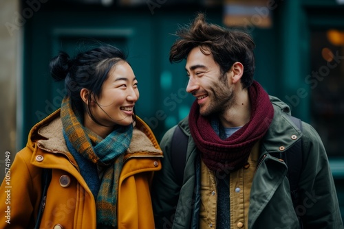 happy asian couple walking on street in winter, lifestyle people concept