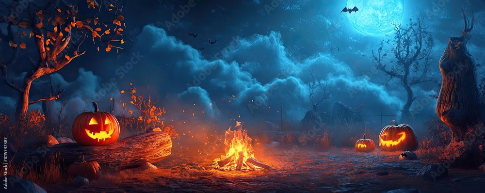 A spooky Halloween scene featuring carved pumpkins, a glowing campfire, and eerie clouds under a full moon. A spooky Halloween scene featuring carved pumpkins, a glowing campfire, and eerie clouds under a full moon.
