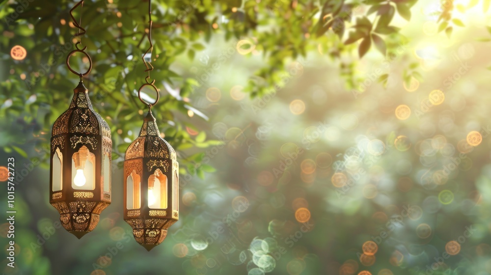 Ornate Lanterns Hanging in a Green Garden Ornate Lanterns Hanging in a Green Garden