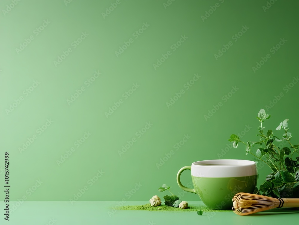 Serene matcha tea setup with greenery on a pastel background