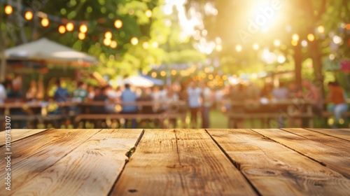 Wooden Table with a Blurred Background of a Summer Party