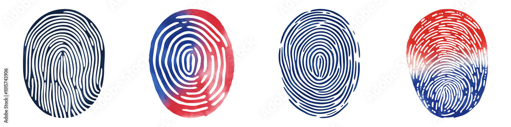 The image displays four stylized fingerprint patterns, showcasing different colors and designs against a dark background. The image displays four stylized fingerprint patterns, showcasing different colors and designs against a dark background.