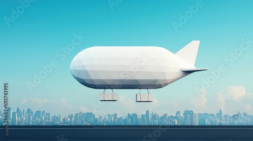 A futuristic airship floats over a modern city skyline against a clear blue sky, showcasing innovation and technology in aviation.