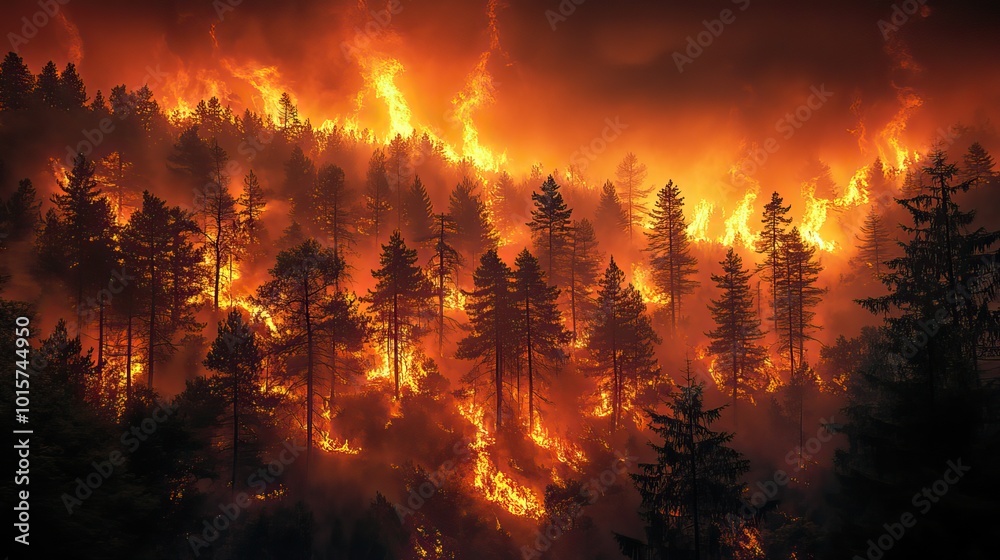 A forest fire rages through the twilight, its flames lighting up the sky as the trees are consumed by the intense heat.