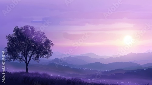 Solitary Tree in Purple Mountain Landscape