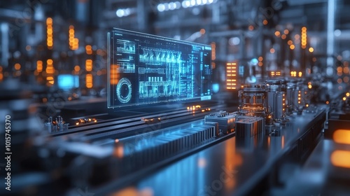 Futuristic factory floor, a digital twin of an intricate machine, AI-driven precision controls fine-tuning mechanisms in a glowing virtual environment