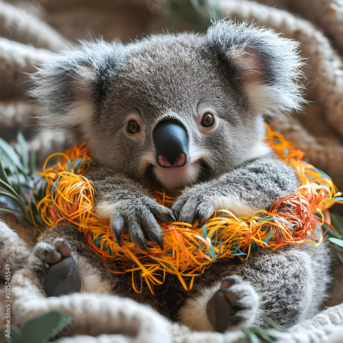 A cute koala wearing a colorful ring, displaying playful charm on a cozy textured background. photo