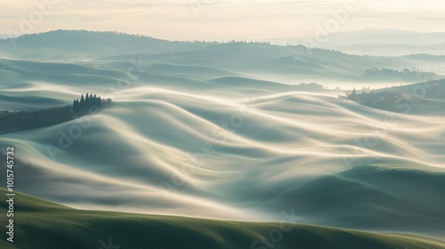 A panoramic view of rolling hills, with a sea of fog cascading over the landscape like a gentle wave.