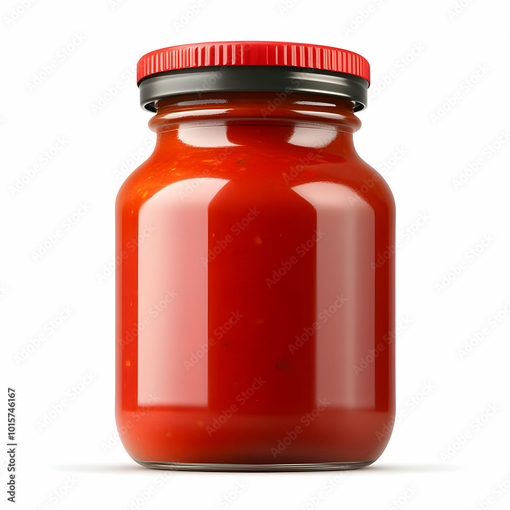 A jar of vibrant red tomato sauce on a white isolated background. A jar of vibrant red tomato sauce on a white isolated background.