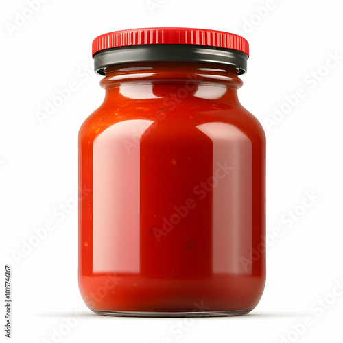 A jar of vibrant red tomato sauce on a white isolated background.