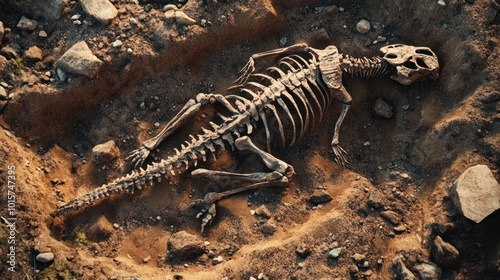 Fossilized dinosaur skeleton partially buried under soil and rocks, discovered during an archaeological excavation photo